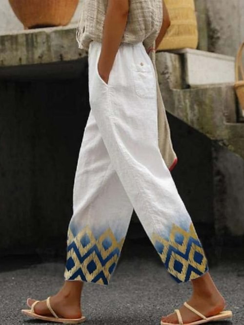 Women's Pants Trousers Faux Linen Golden Blue Fashion Casual Weekend Side Pockets Full Length Comfort Geometric S M L XL XXL