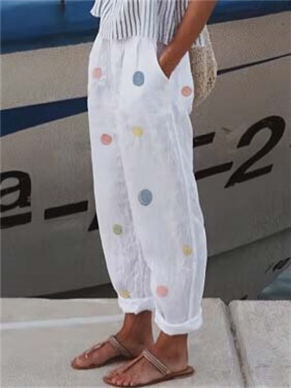 Women's Pants Trousers Faux Linen Black White Yellow Fashion Casual Weekend Side Pockets Full Length Comfort Geometric S M L XL XXL